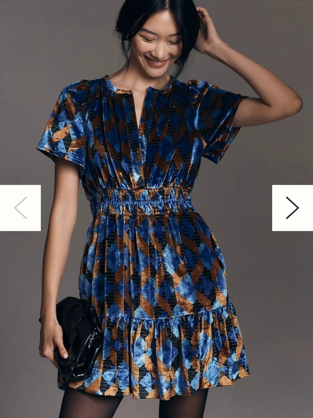 Anthropologie Blue & Brown Velvet Geometric Mini Dress